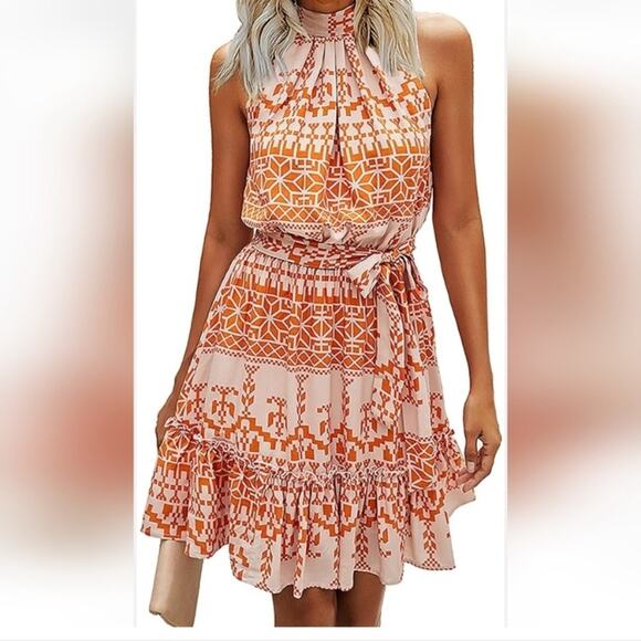 BTFBM Floral Dress Summer Sleeveless Halter Neck Ruffle No Belt Boho Medium - Picture 4 of 16